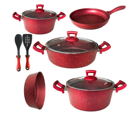 Set 10 piese Hascevher Germanitium 2 oale 3l si 4,9l cu capac, cratita 3,9l cu capac, tigaie 22cm, tava 30cm, lingura, spatula