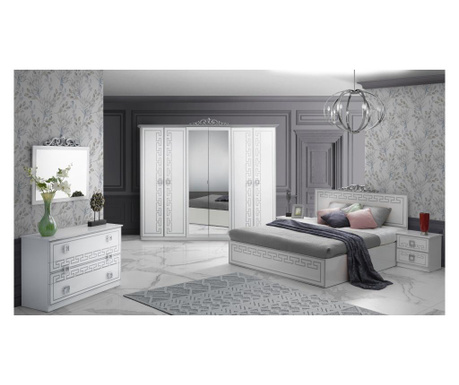 Спален комплект Olimp Bianco-Silver, легло, огледало, скрин, гардероб, нощни шкафчета