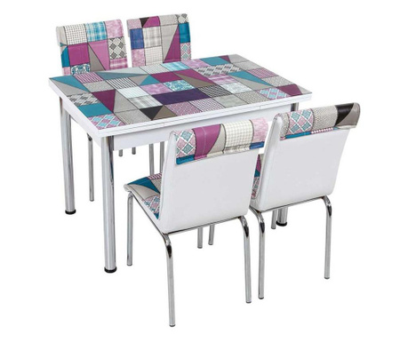 Set masa extensibila cu 4 scaune,multicolor,model patchwork,cadru metalic,sezut tapitat cb026