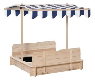 Outsunny Nisipar din Lemn pentru Copii cu Acoperis Parasolar Banca si Capac