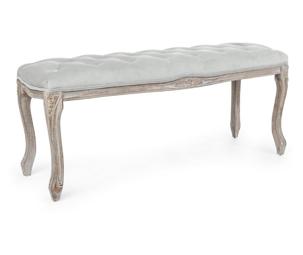 Mathilde Bench with Brown Wood Legs and Grey Velvet Upholstery, 110 cm