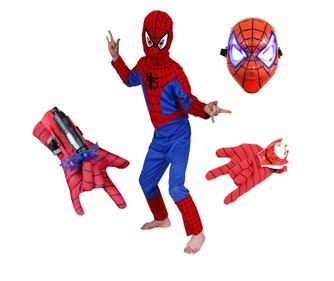 Kostým Spiderman, velikost 3-5 let, dva odpalovače a LED plastová maska, červená