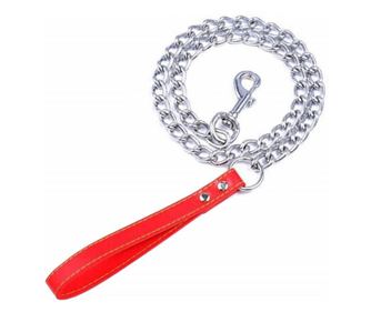 Lesa din lant cromat pentru caini 3 mm x 120 cm Pufo, rezistent, maner piele, Argintiu/Rosu