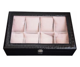 Cutie eleganta Pufo tip caseta pentru depozitare si organizare 8 ceasuri, imprimeu crocodil, model Premium, Negru