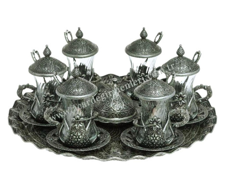 Set 6 cesti de ceai turcesc, cu tava,suport lingurite metalice 30/30