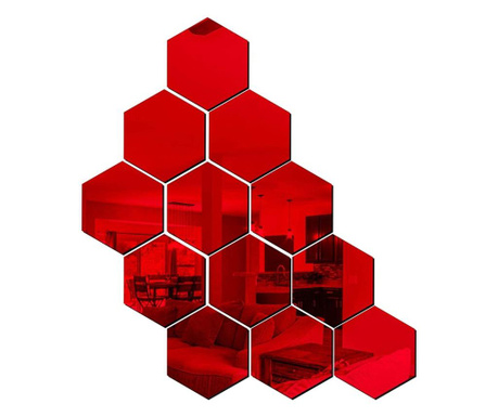 Set 12 stickere auto-adezive, 5 Continents, hexagonal, oglinda decorativa, 3D, Rosu, 240x210x120mm 5 Continents Home