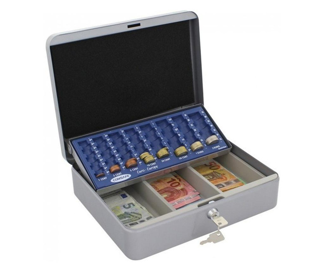 T06106 HomestarCash euro pénzkazetta kulcsos zárral ezüst színben 90x300x240mm