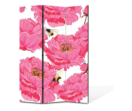 Paravan 3 piese, Bujori roz cu albinute, 3 Panouri de 45x180, 135 x 180 cm