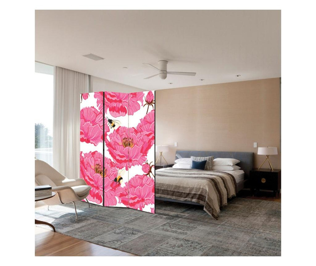 Paravan 3 piese Premium TrueColor Art Factory, Bujori roz cu albinute, Panza pe Cadru Lemn, Decoratiuni Casa, 3 Panouri de 45x18