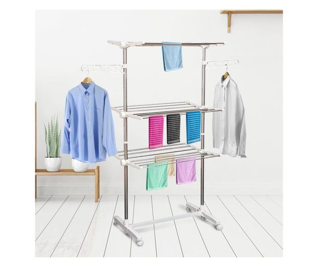 HomCom Премиум 3-етажна регулируема сушилня - луксозен сушилник за дрехи от неръждаема стомана, 81x28x10 см