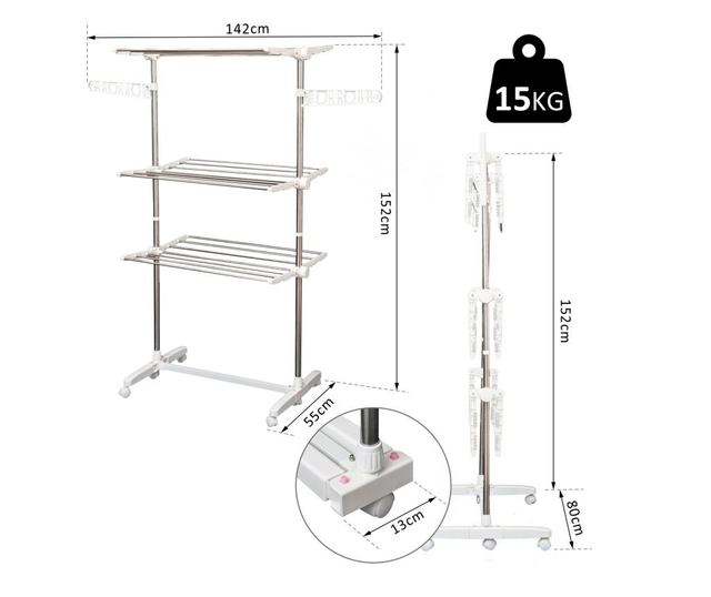HomCom Премиум 3-етажна регулируема сушилня - луксозен сушилник за дрехи от неръждаема стомана, 81x28x10 см