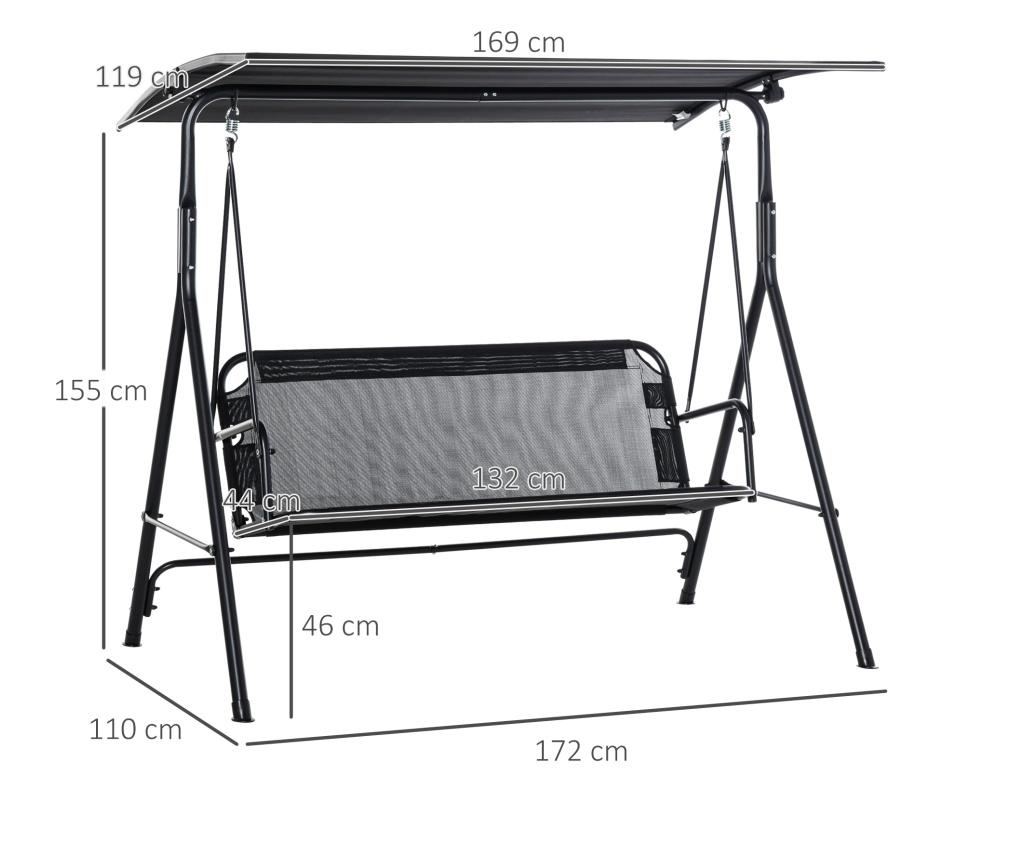 Leagăn de Grădină Terasa 2 Locuri cu Acoperiș Parasolar Reglabil, Metal și Textilene 172 x 110 x 155 cm Negru - 3