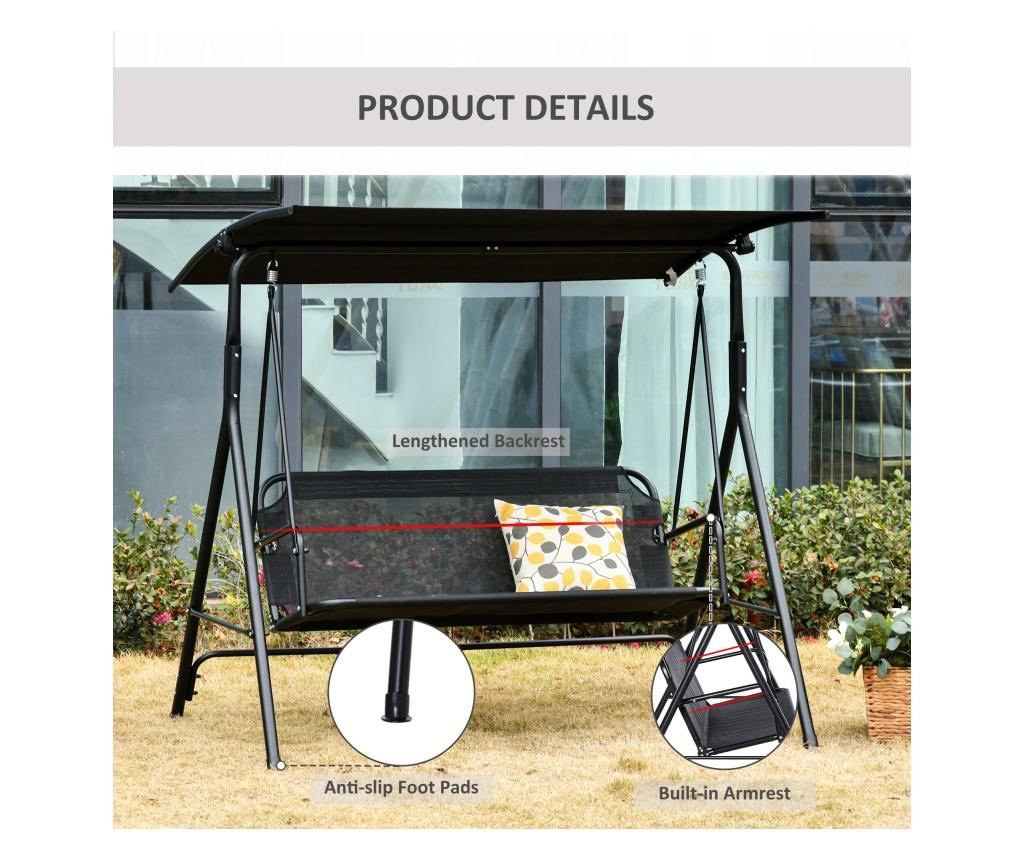 Leagăn de Grădină Terasa 2 Locuri cu Acoperiș Parasolar Reglabil, Metal și Textilene 172 x 110 x 155 cm Negru - 6
