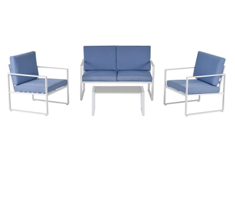 Outsunny Set Mobilier de Exterior Lounge de Gradina din Metal Alb si Albastru