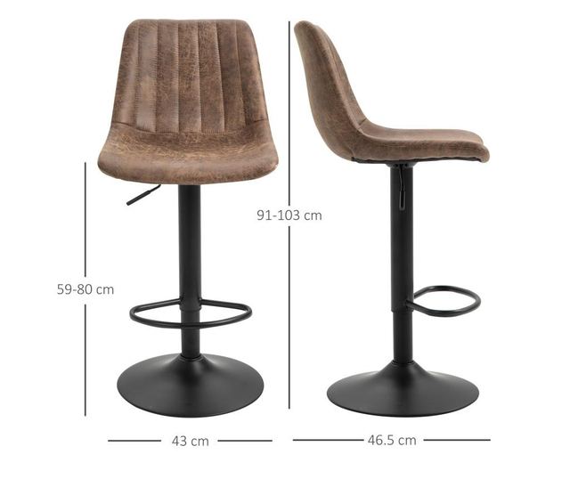 HOMCOM Set de 2 Scaune de bar captusite inaltime reglabila rotative suport pentru picioare