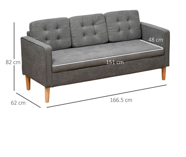 HOMCOM Canapea 3 Locuri Moderna din Tesatura Gri cu Compartiment de Depozitare