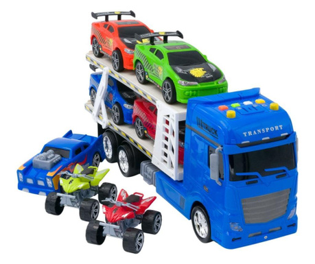 Tir albastru cu platforma + 4 masini sport + 1 masina de curse + 2 ATV-uri multicolore, are lumini si sunete realiste, pentru co