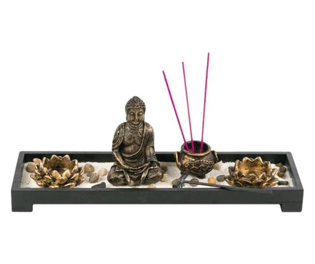 Set decorativ suport pentru lumanari si betisoare parfumate Buddha , Negru-Bronz Oem