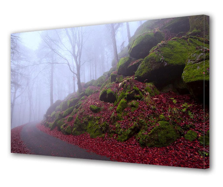 Tablou Canvas Led cu Intrerupator, Luminos in Intuneric, Covor de frunze rosii in padure, 70 x 100 cm