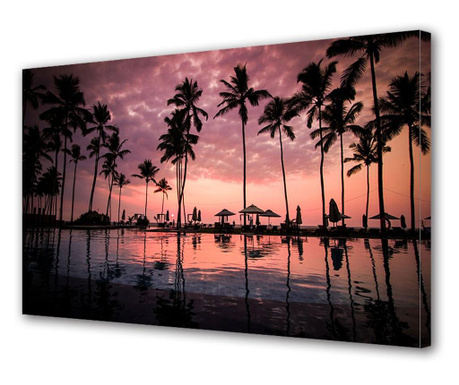 Tablou Canvas Led cu Intrerupator, Luminos in Intuneric, Peisaj de la mare cu palmieri si nuante de roz, 50 x 70 cm