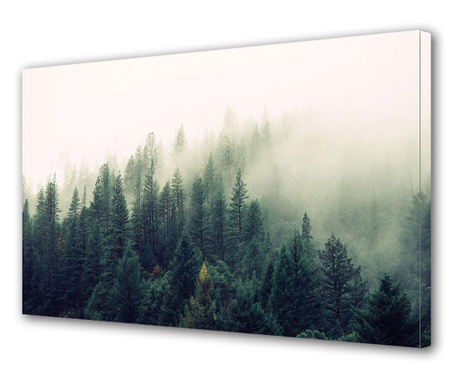 Tablou Canvas Led cu Intrerupator, Luminos in Intuneric, Premium, Art Factory, Peisaj cu padure de brazi acoperita de ceata, Pan