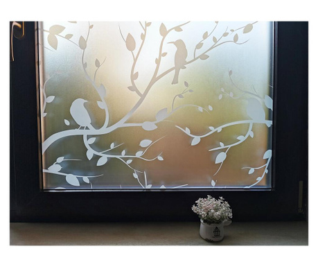 Folie geam autoadeziva Pasari pe crengi, model alb, 100 cm latime Folina, 100x100 cm, translucid/alb