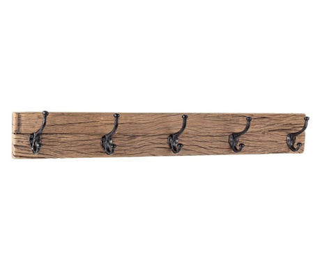 Rafter 94cm x 14cm x 13cm smeđa drvena zidna vješalica s 5 patiniranih crnih željeznih vješalica