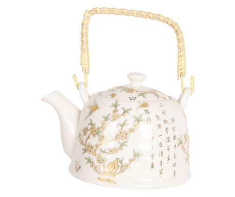 Ceainic din portelan alb si decor Floral galben 18 cm x 14 cm x 12 h / 0.8 L