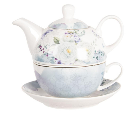 Set ceainic cu ceasca din portelan decor floral albastru 16 cm x 15 cm x 14 h / 0.46 L