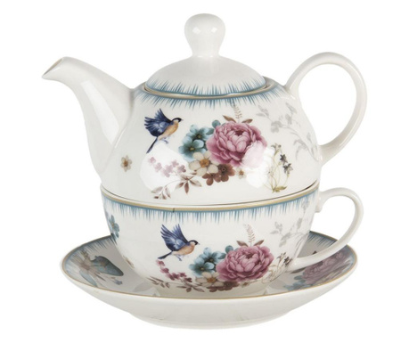 Set ceainic cu ceasca din portelan decor floral roz albastru Ø 16 cm x 15 cm x 15 h / 0.46 L