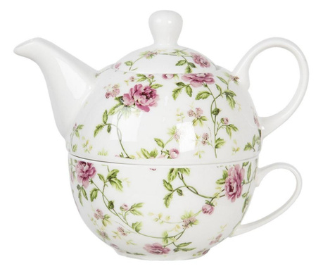 Teáskanna készlet porcelán csészével, fehér és rózsaszín virágdísz 17x11x14 cm, 0,4 L