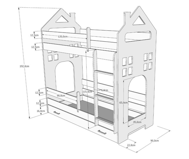 Dječji krevet na kat s madracem House 164x90 cm