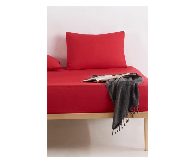 Set cearsaf de pat cu elastic si 2 fete de perna Enlora Home, Fresh Color, bumbac ranforce, rosu