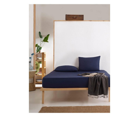 Set cearsaf de pat cu elastic si 2 fete de perna Enlora Home, Fresh Color, bumbac ranforce, albastru inchis