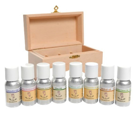 Set 8 uleiuri esentiale pentru aromaterapie Alta Oils, Cu cutie de lemn, 80 ml