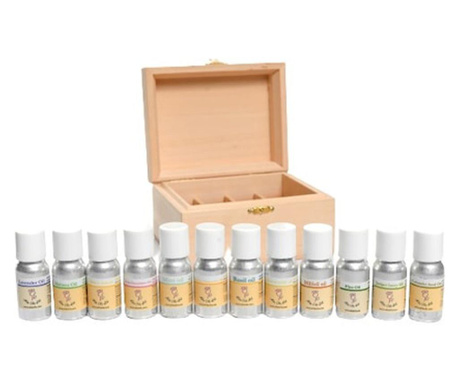 Set 12 uleiuri esentiale pentru aromaterapie Alta Oils, Cu cutie de lemn, 120 ml