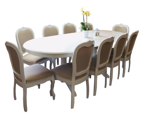 Set masa extensibila cu 10 scaune, alb/crem, 160cm restransa, 280cm extinsa, 100cm latime