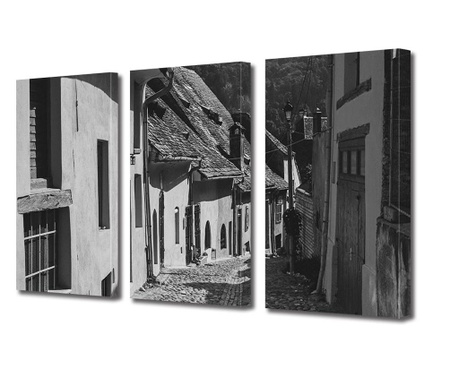 Set Tablouri Multicanvas 3 piese, Alee insorita printre casele colorate, Panza pe cadru de lemn, Decoratiuni Casa, 3 x 20 x 30 c