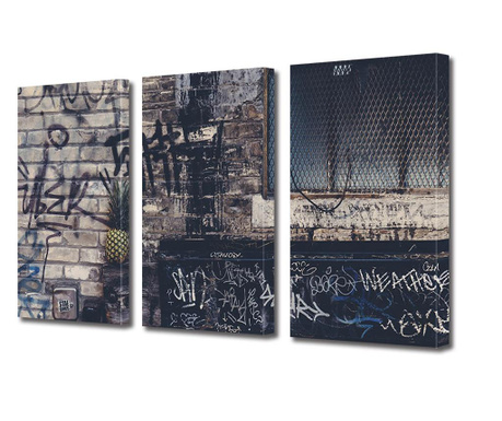Set Tablouri Multicanvas 3 piese, Graffiti pe zidurile urbane, Panza pe cadru de lemn, Decoratiuni Casa, 3 x 20 x 30 cm