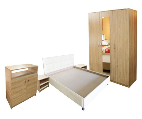 Dormitor soft sonoma cu pat tapitat bej pentru saltea 140x200 cm