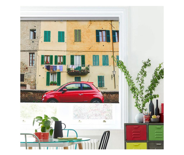Roleta Art Shade tip Jaluzea cu Rulou si Sistem Inclus Urban, Cladire cu geamuri verzi , Decoratiuni Casa, Latime 95 cm x Inalti