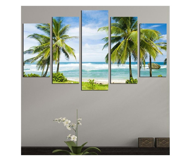 Картина-пано от 5 части,Красив плаж с палми, Канава (платно от 100% памук) в/у дървени подрамки, Размер S 158х90 см.