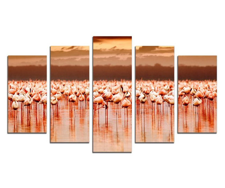 Картина-пано от 5 части,Фламинги по залез, канава 108х60 см.