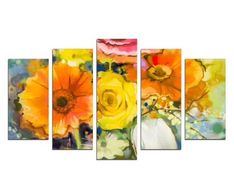 Картина-пано от 5 части, Арт цветя в жълто и оранжево, канава 108х60 см.