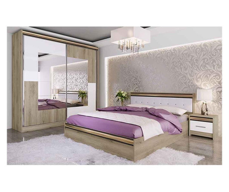 Dormitor morela:pat 168x214x86 (160x200) cm,tablie tapitata piele ecologica,2 noptiere 45x35x43 cm,dulap usi glisante si oglinda