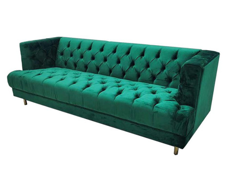 Canapea lux chesterfield,210x88x75 cm,material textil cu aspect de catifea,culoare verde smarald,sezut spuma,cadru lemn,picioare