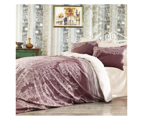 Set lenjerie de pat Karina Mauve, bumbac ranforce, 2 persoane, 4 piese, alb/mov