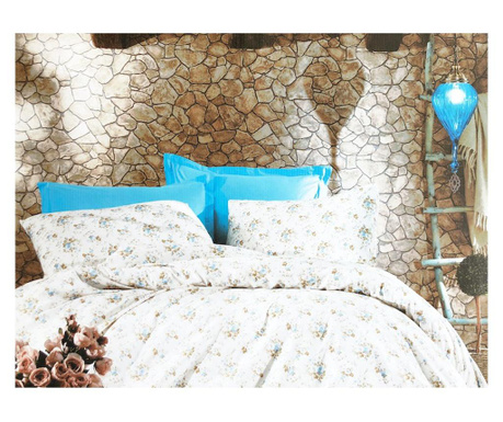 Set lenjerie de pat Karina Blue Flower, bumbac ranforce, 2 persoane, 4 piese, multicolor