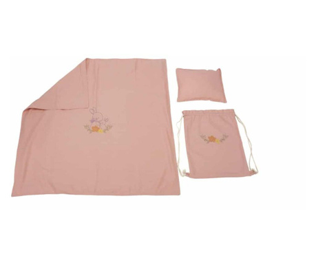 Takaró + párna + hátizsák készlet, hímzéssel, vászon, rózsaszín