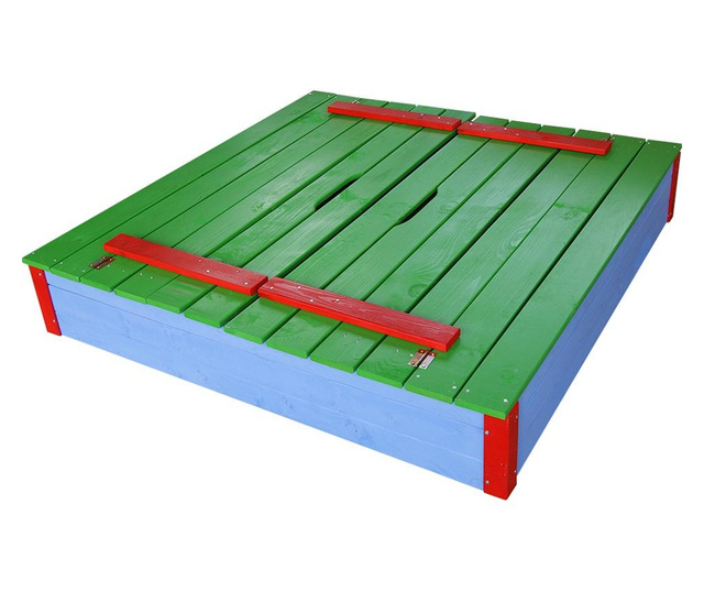 Детски пясъчник ITA H&G, пейки, капак, червен/зелен/син  115×115х38см